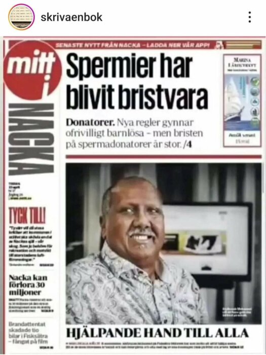 Tidningssida med rubriker om spermadonatorbrist och en leende man, tillsammans med diverse nyhetsnotiser.