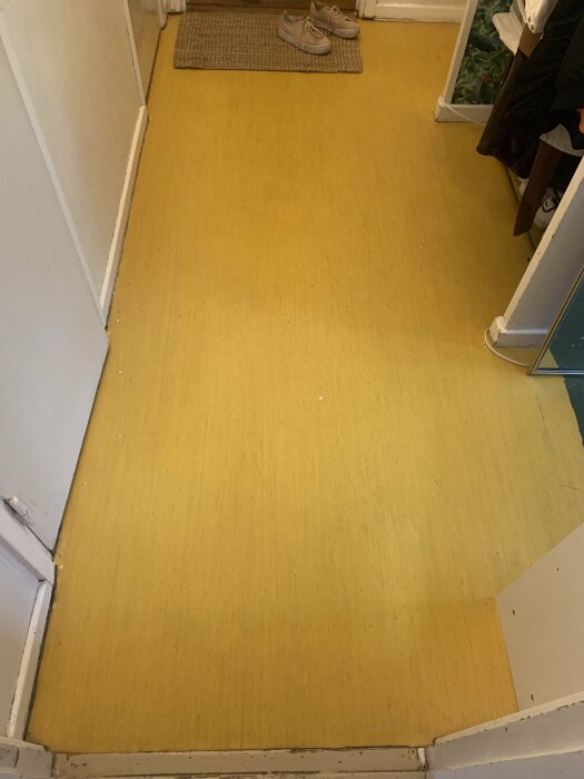 En smal korridor med gul matta, ett par skor, matta vid dörren, vita väggar, dörröppning.