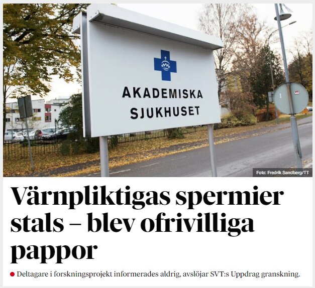 Skylt "Akademiska sjukhuset", trafikspeglar, artikeltitel om oönskad faderskap och spermstöld.