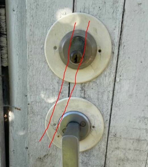 Dörr med förskjuten handtag och låscylinder, vit, röda linjer markerar missjusteringen.