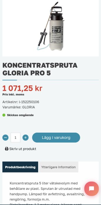 5-liters koncentratspruta, plast, handpump, avfettning, avsalting, GLORIA PRO 5, 1 071,25 kr, omedelbar leverans.