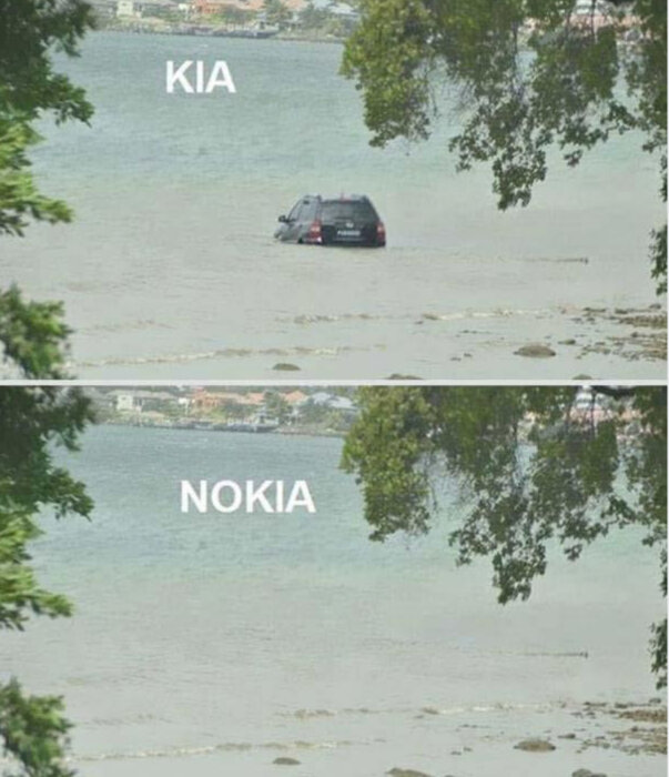 Bil halvvägs nedsänkt i vatten, ordet "KIA" ovanför; samma vy sedan, bil borta, ordet "NOKIA" istället. Humoristisk.