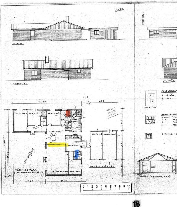 Arkitektritningar av ett enplanshus med planlösning och fyra fasader.