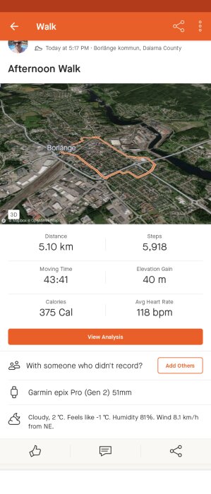 Fitnessappskärmdump: promenadaktivitet, karta, avstånd, steg, tid, kalorier, puls, Borlänge, väderinformation.