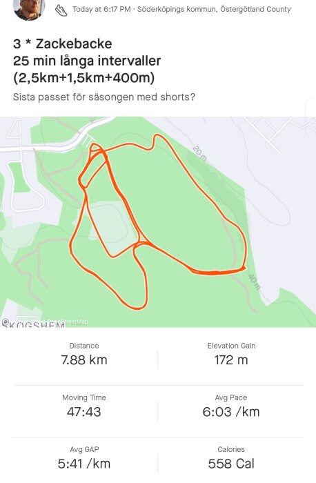 GPS-spårning av löpintervaller, distans 7,88 km, varierat tempo, kaloriförbränning, höjdökning, kanske sista shortsloppet.