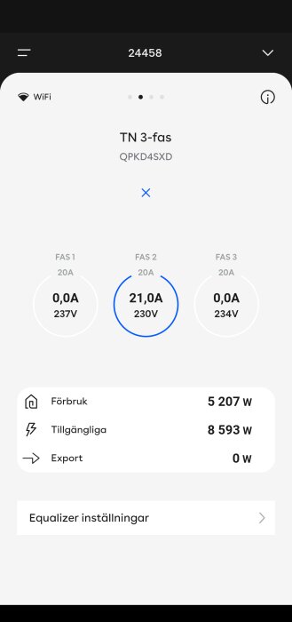 Mobilapplikation som visar elkraftdata för en TN 3-fas system; förbrukning, tillgängligt, export, och inställningar.