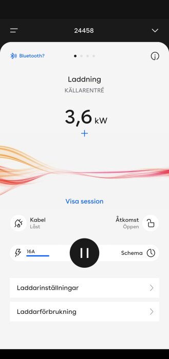 En mobilapp för hantering av elbilsladdning, visas laddstatus på 3,6 kW, anpassningsbara inställningar, färgglad grafisk design.