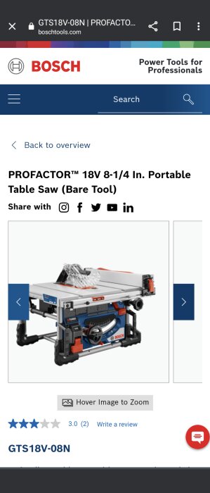 Bosch webbsida som visar batteridriven bordssåg; 18V 8-1/4 tum; delbar; blå- och rödtonad.