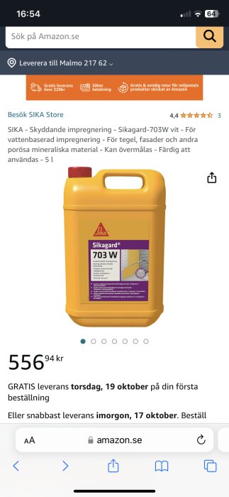 Skärmdump från Amazon.se som visar en produkt för skyddande impregnering (Sikagard-703W) för byggmaterial som tegel och fasader.