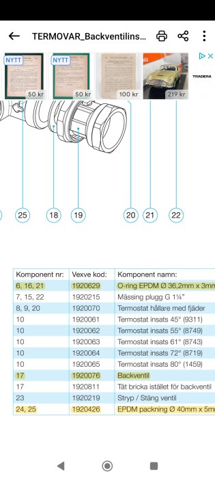 Skärmdump av en produktkatalog med en ritanordningskomponent och en reservdelslista på svenska.