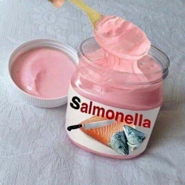 Burk märkt "Salmonella" med rosa substans, sked lyfter substans, humoristisk framställning av sjukdom.