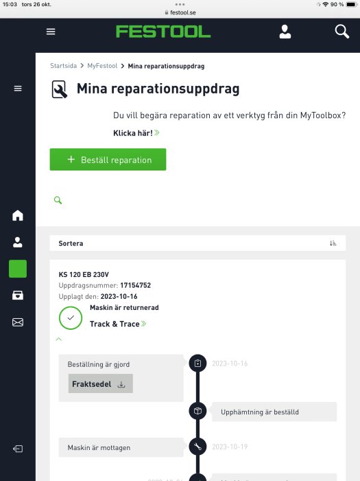 Skärmbild av Festool webbplats, reparationsstatus, tidslinje, gröna och svarta element, "Beställ reparation"-knapp.