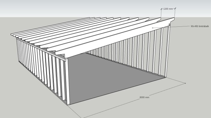 3D-modell av en pergola med måttangivelser, lutande tak, och vertikala stolpar.