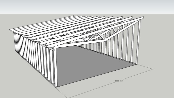 En CAD-ritning av en pergola med måttangivelse på grå bakgrund.