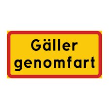 Gul och röd svensk trafikskylt med texten "Gäller genomfart".