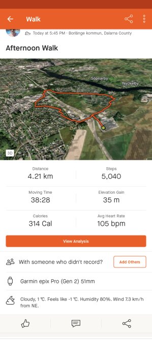 Eftermiddagspromenad, 4,21 km, 5 040 steg, 38:28 rörelsetid, 35 m höjdvinst, 314 kcal, 105 bpm hjärtfrekvens.