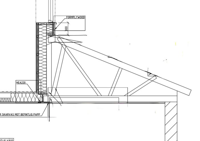 Det är en teknisk ritning av en byggdetalj med dimensioner och konstruktionskomponenter som stålbalkar och förstärkningar.