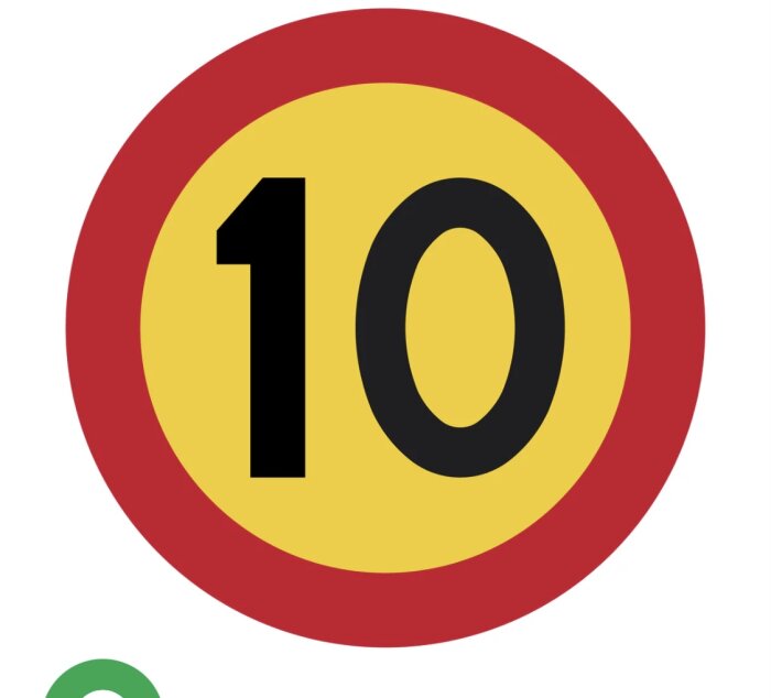 Röd och gul trafikskylt med siffran 10 i mitten, sannolikt hastighetsbegränsning eller viktgräns.