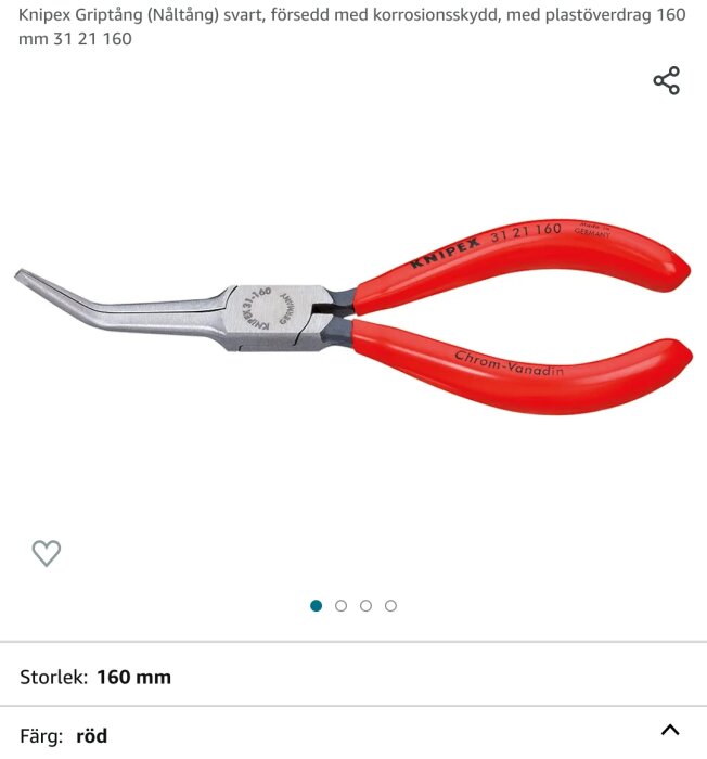 Knipex nättång, korrosionsskydd, röda handtag, plastöverdrag, 160 mm storlek.