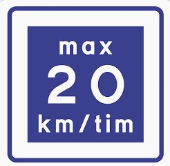 Blått och vitt vägmärke som anger högsta tillåtna hastighet: 20 km/h.