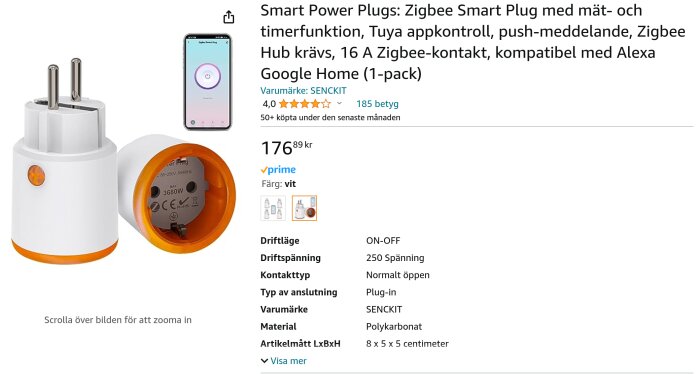 Smart plug, vit, mobilapp-styrning, energimätning, Zigbee, kompatibel med Alexa, Google Home.