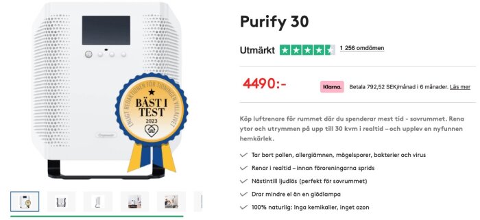 En luftrenare som vunnit "Bäst i test 2023", kostar 4490 SEK och har positiva kundomdömen.