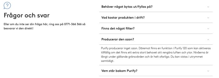 Svensk FAQ-sida med vanliga frågor och svar, kundsupport telefonnummer, flervalsmeny.