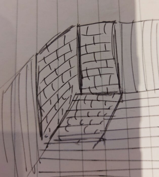 Handritad skiss av trappa och vägg, perspektivövning, ritat på linjerat papper.