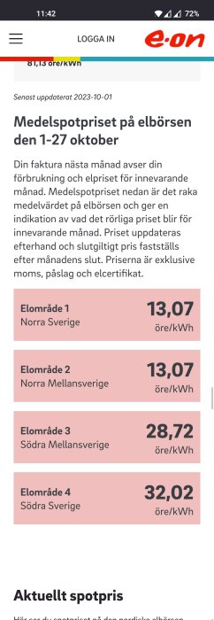 Skärmavbild av elpriser för olika regioner i Sverige, uppdaterad den 1 oktober 2023.