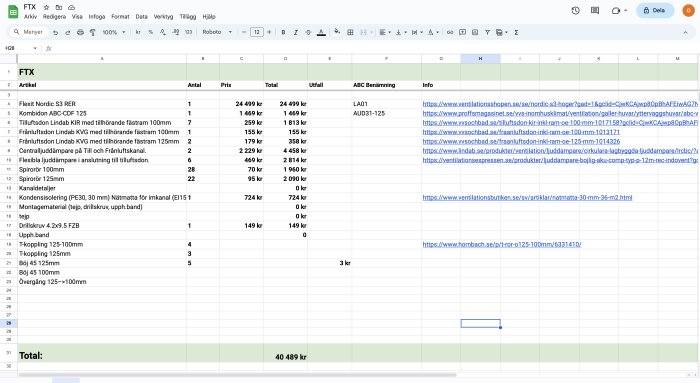 En skärmdump av ett kalkylblad med en lista över byggprodukter, antal, priser och länkar.