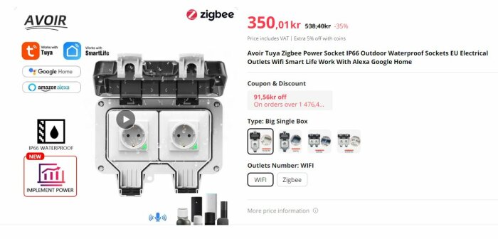 Vattentät Zigbee-och WiFi-kompatibel strömbrytare för utomhusbruk, kompatibel med Alexa och Google Home.