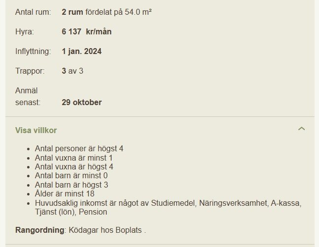 Tvårumslägenhet, 54 m², hyra 6 137 kr/mån, inflyttning 1 jan. 2024, regler för antal personer och inkomst.