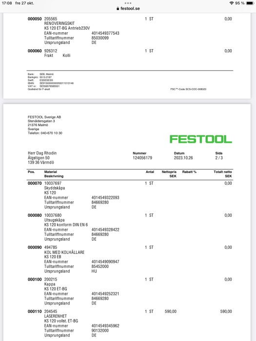 Faktura eller beställningsformulär från Festool med produkter, mängd, priser, och köparens adressinformation.