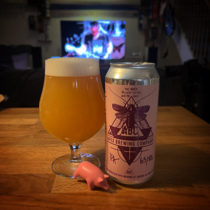 Ölglas med skum, burk från Apex Brewing, rosa plastgris, suddig TV-bakgrund. Hygge, avkoppling, hobbyrum.