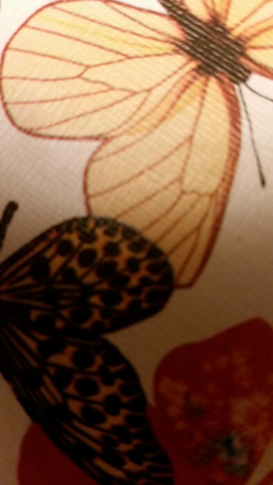 Närbild av en färgglad fjärilsillustration med detaljerade mönster och varma färger. Bilden är suddig och oskarp.