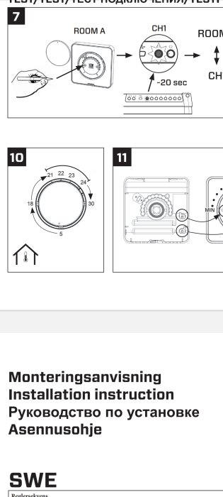 Instruktionsbilder för enhetsinställningar, testsekvenser och installation. Text på svenska och andra språk.