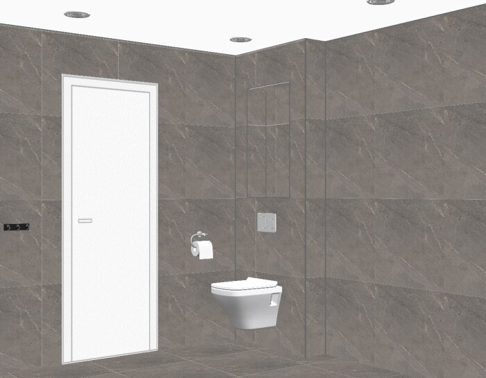 Modernt badrum, grå kakel, glasduschvägg, takdusch, vägghängd toalett, vit dörr.