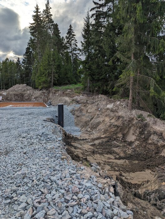 Erosion vid en byggarbetsplats med grus, rör och skog i bakgrunden. Marker och infrastrukturarbete synligt.