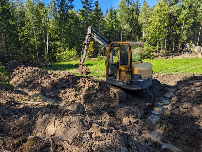 Grävmaskin fast i lera, skog omkring, blå himmel, arbete pågår, utomhus.