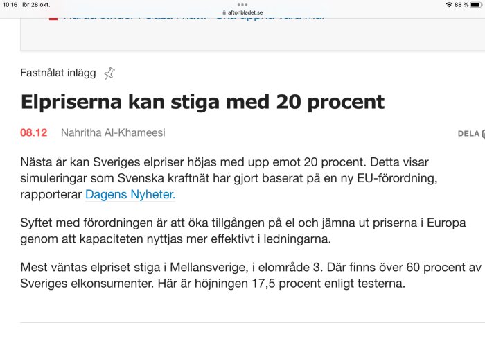 Skärmdump av artikel om förväntad ökning av elpriser i Sverige med 20 procent.