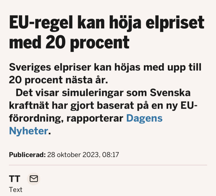 Artikel om potentiell ökning av elpriser i Sverige med 20% på grund av EU-regel.