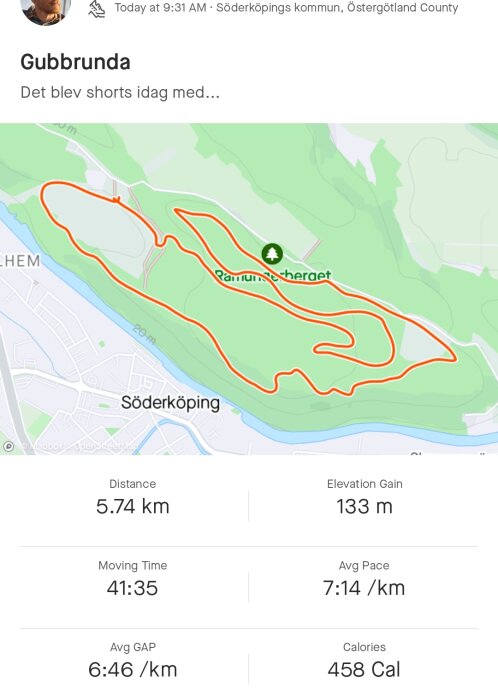 Kartöver lånpromenad i Söderköping, 5.74 km, tid 41:35, 133 m höjdökning, 458 kalorier.