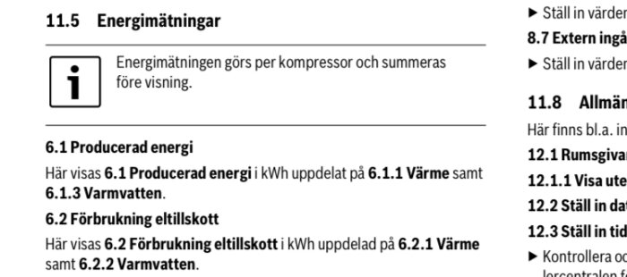 Svensk text, meny för energimätningar, producerad energi och förbrukning, struktur, punktlistor, informationsikon.