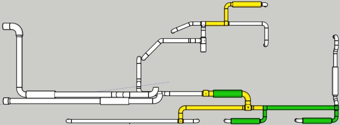 Illustration av industriella rörledningar med olika grenar och vinklar; vissa segment är markerade i färg.