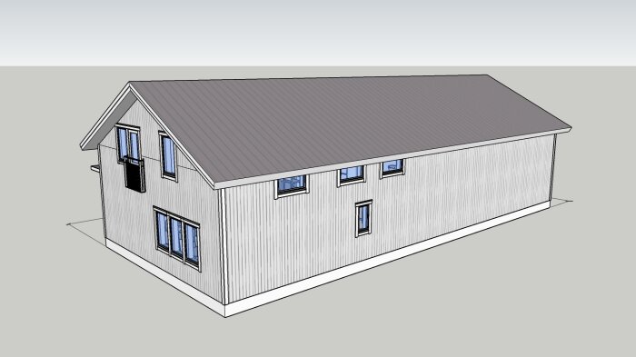 3D-modell av ett enfamiljshus, lutande tak, vertikal panel, grå/vit, fönster, dagsljus, ingen omgivning.