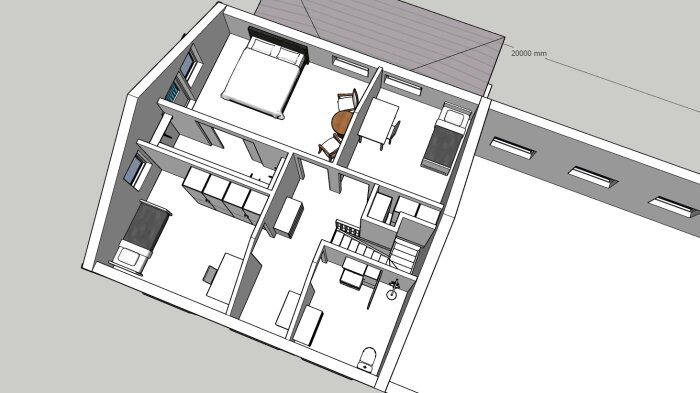 Illustration av en 3D-planritning för ett hus med möbler, märkt med dimensioner.