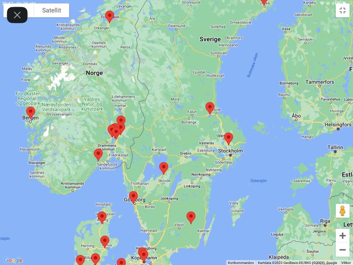 Kartbild över Skandinavien med röda markeringar, troligtvis visar intressepunkter eller platser.