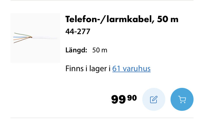 Telefon-/larmkabel, 50 meter, vit, flera färger inuti, produktkod 44-277, pris 99,90, tillgänglig i varuhus.