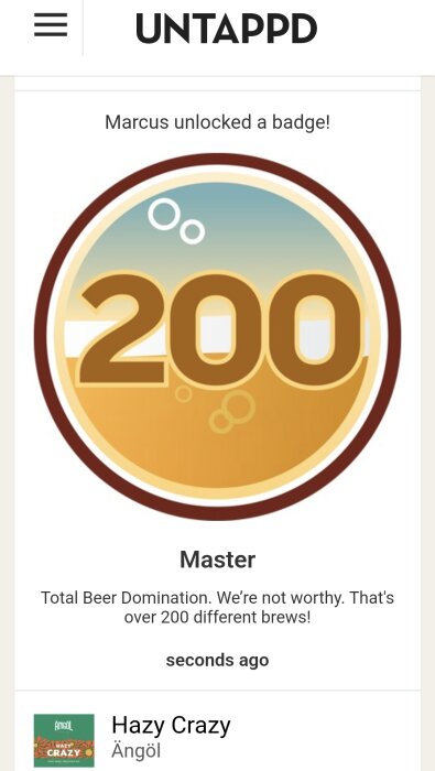 Skärmdump från Untappd, användare låser upp märke för 200 ölsorter, applåderar prestation, öltema.