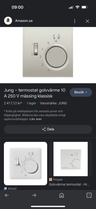 Skärmdump av webbläsare som visar termostat för golvvärme till försäljning på Amazon.se.